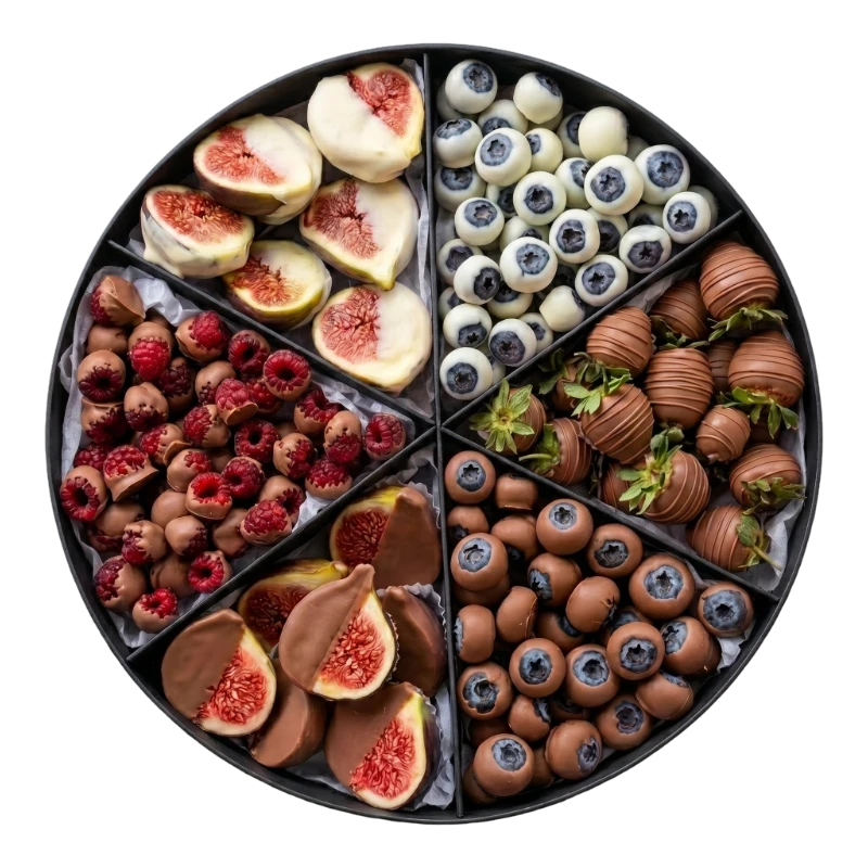 The Gourmet Indulgence Dessert Box featuring chocolate-dipped strawberries, blueberries, figs, raspberries, gourmet chocolates and fresh fruit in a premium round keepsake gift box by Gifts & Co.