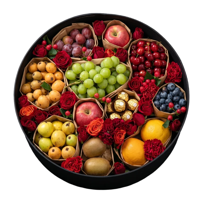The Orchard Luxe Fruit & Flower Hamper featuring premium seasonal fruit, Ferrero Rocher chocolates, fresh red roses, carnations, and blueberries in a luxury round gift box by Gifts & Co.