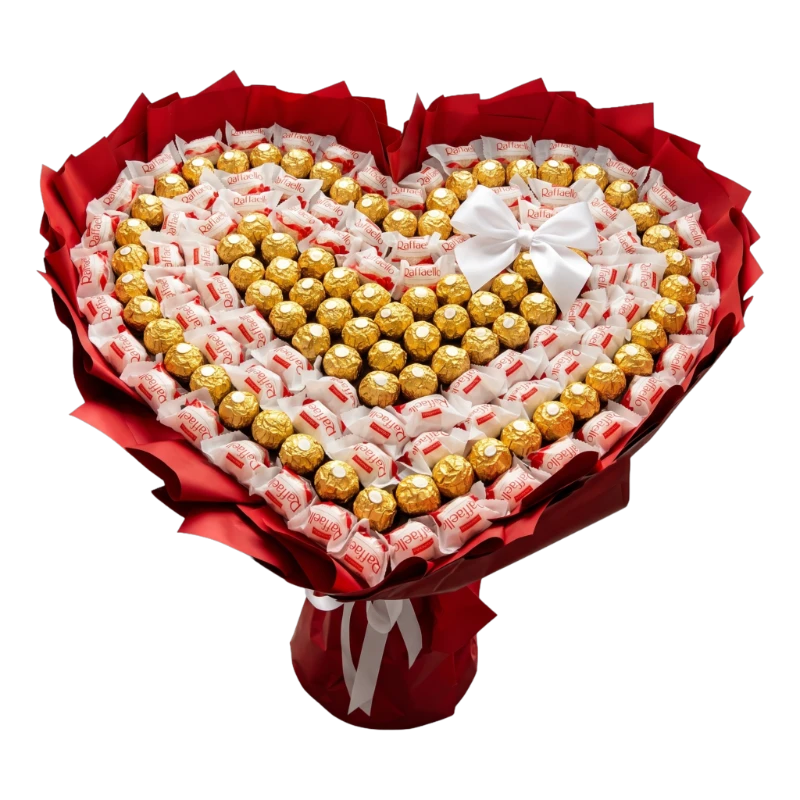The Sweet Harmony Chocolate Bouquet featuring Ferrero Rocher and Raffaello chocolates arranged in a luxurious heart-inspired bouquet with premium red wrapping by Gifts & Co.