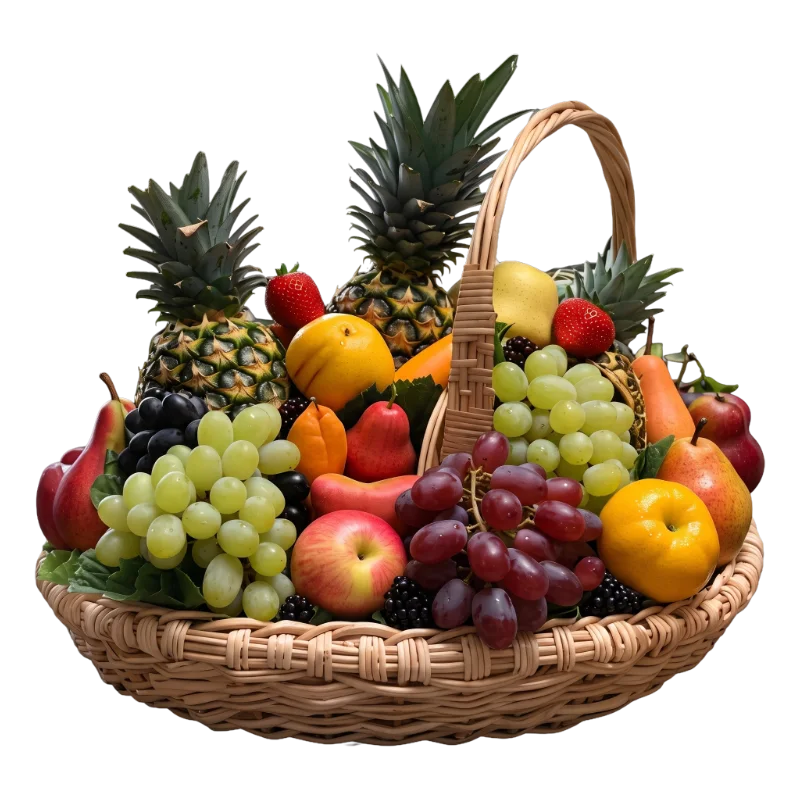 The Grand Harvest Fruit Basket featuring premium seasonal fruit including pineapples, green grapes, red grapes, apples, pears, oranges, berries and tropical fruit in a luxury woven wicker basket by Gifts & Co.