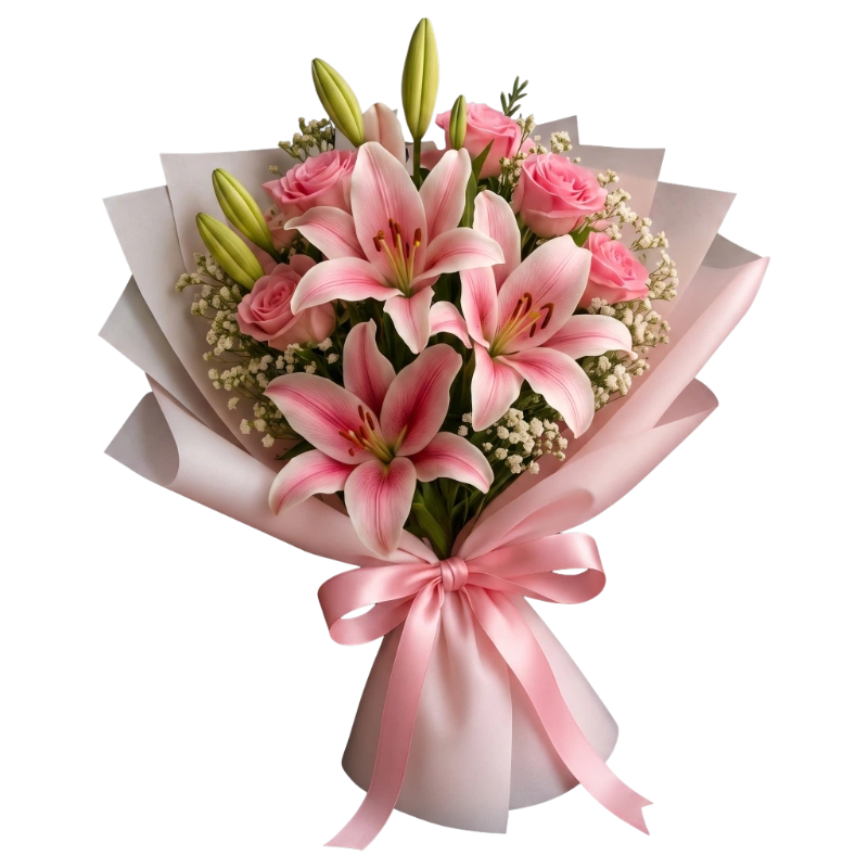 Luxury Pink Lily & Rose Bouquet handcrafted with premium pink oriental lilies, pink roses, baby's breath and blush wrapping by Gifts & Co.