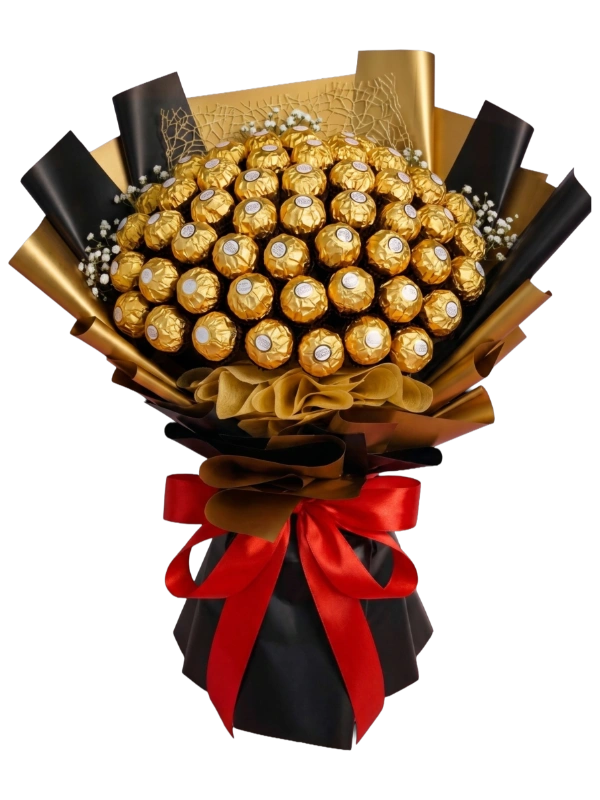 The Golden Indulgence Ferrero Bouquet featuring genuine Ferrero Rocher chocolates arranged in a luxury black and gold bouquet with premium satin ribbon by Gifts & Co.