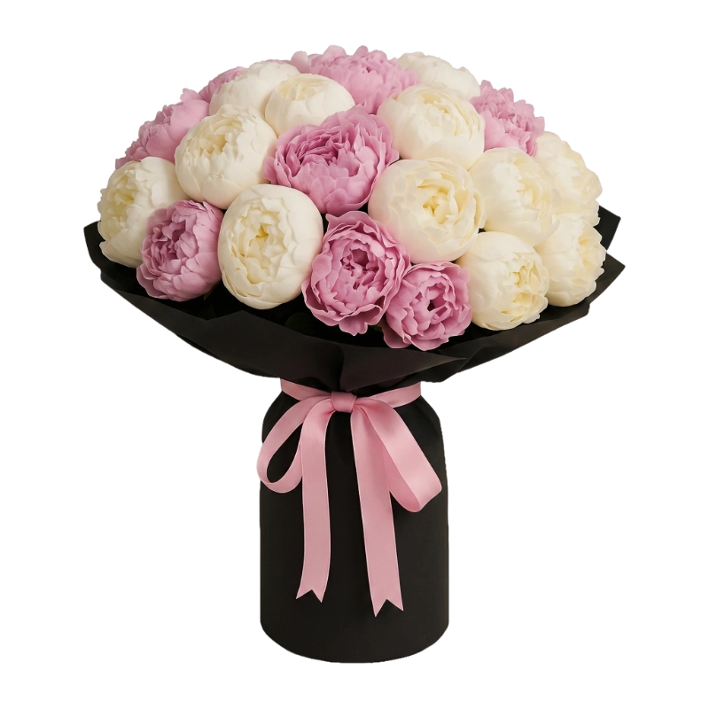 Luxury Pink & White Peony Bouquet handcrafted with premium seasonal pink and white peonies wrapped in elegant black floral wrapping with a blush satin ribbon by Gifts & Co.