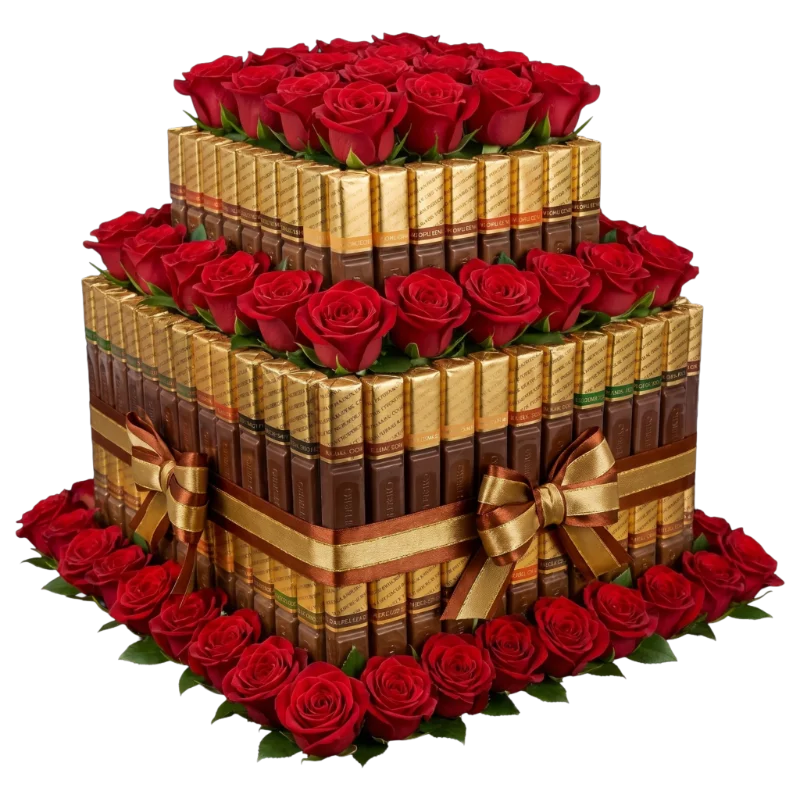 The Regal Rose Chocolate Tower featuring premium chocolate bars, fresh red roses, and elegant gold ribbon arranged across three luxurious tiers by Gifts & Co.