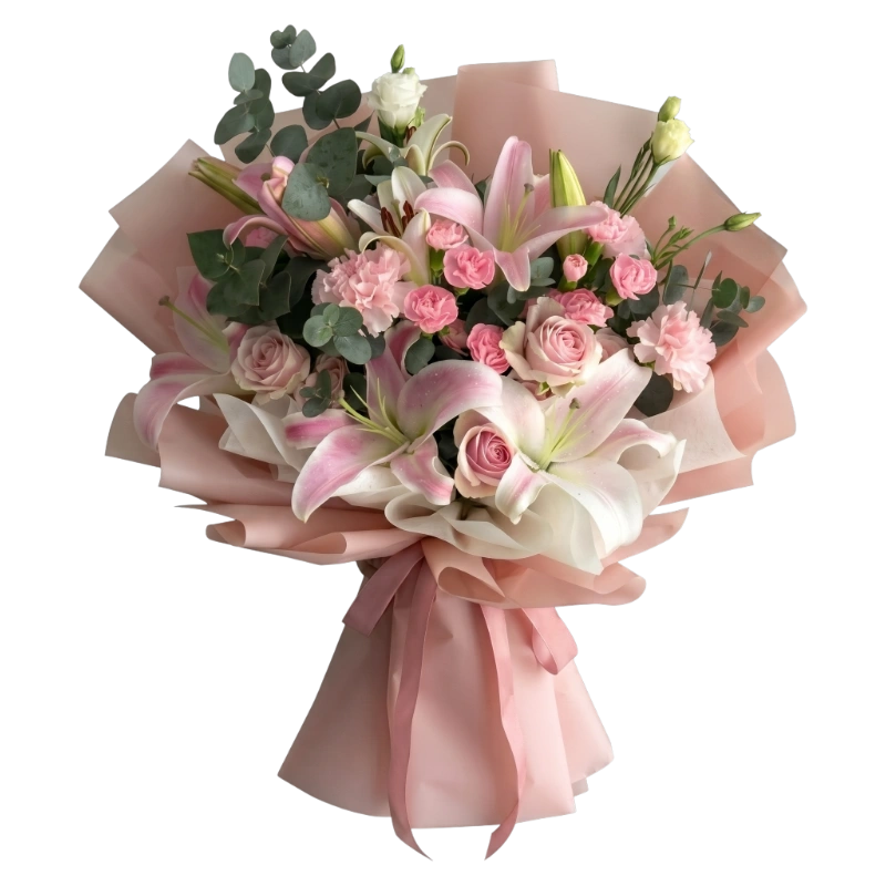 Luxury Pink Lily Garden Bouquet featuring premium pink oriental lilies, blush pink roses, lisianthus, carnations and eucalyptus wrapped in elegant blush floral wrapping by Gifts & Co.