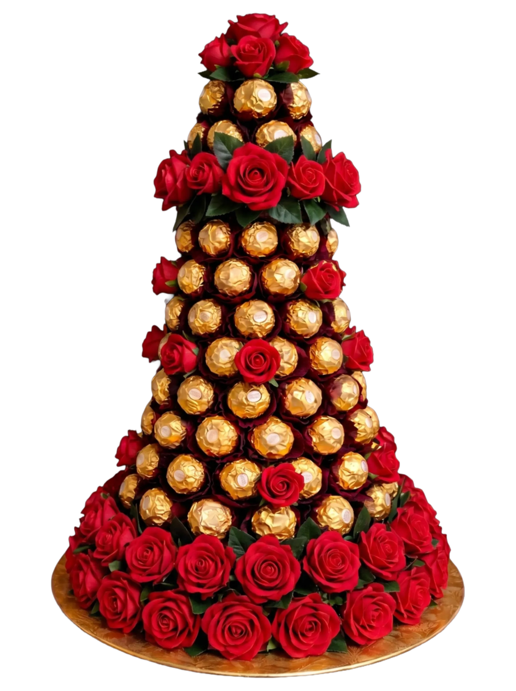 The Imperial Ferrero Rose Tower featuring genuine Ferrero Rocher chocolates and fresh red roses handcrafted into a luxury vertical tower by Gifts & Co.