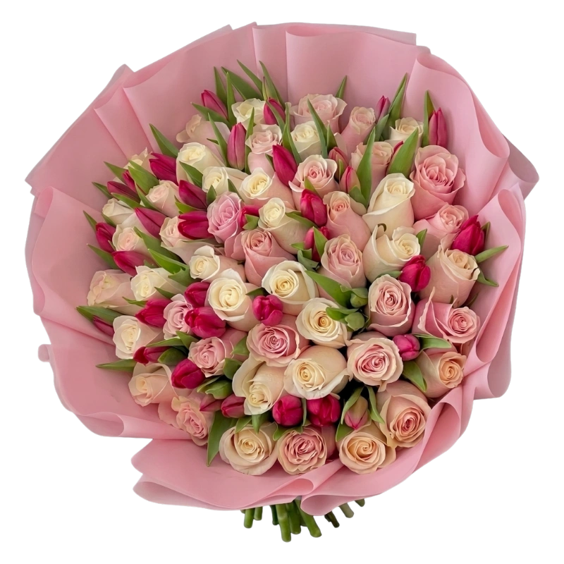 Luxury Rose & Tulip Bouquet handcrafted with premium blush pink roses, ivory roses and seasonal pink tulips wrapped in elegant blush floral wrapping by Gifts & Co.