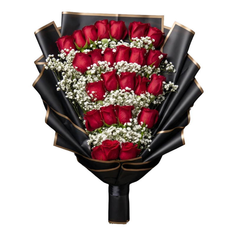 Luxury Red Rose Bouquet handcrafted with premium long-stem red roses and baby's breath wrapped in elegant black floral wrapping with gold trim by Gifts & Co.