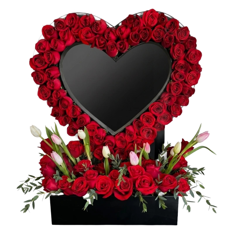 Eternal Heart Rose Display handcrafted with premium red roses, white and blush tulips on a luxury black display stand by Gifts & Co.