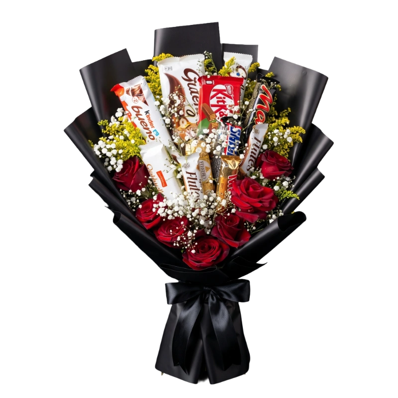 Midnight Chocolate Rose Bouquet featuring premium red roses, assorted gourmet chocolate bars, baby's breath, and luxury black wrapping by Gifts & Co.
