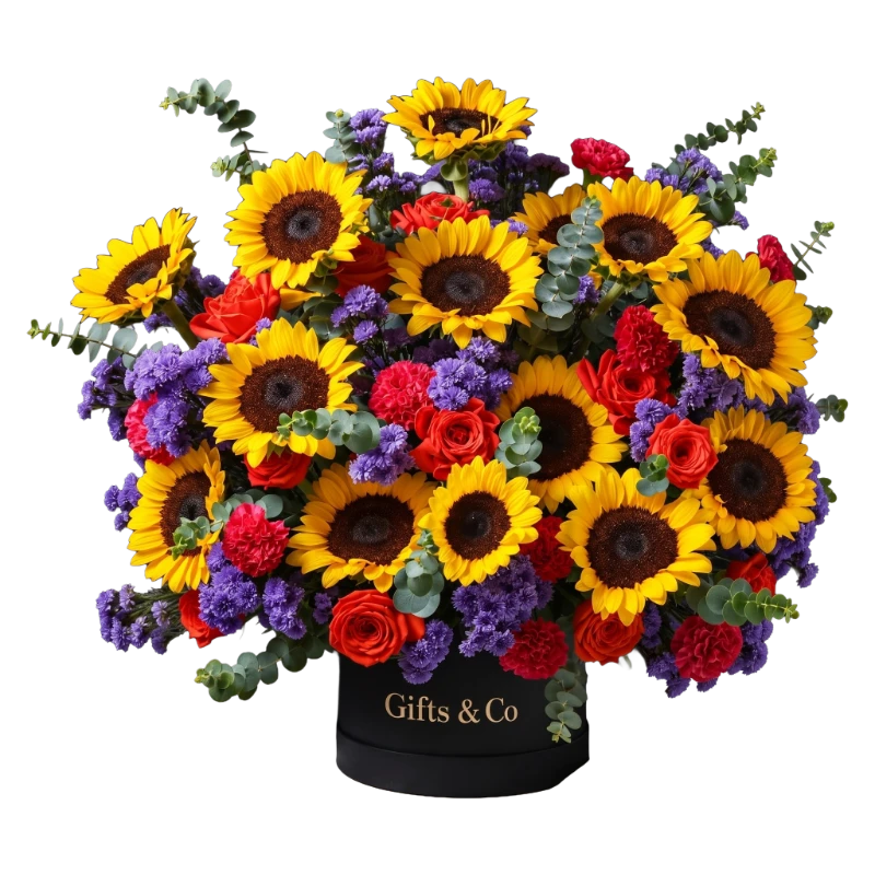 Premium Sunflower Flower Box featuring fresh sunflowers, premium red roses, carnations, purple statice and eucalyptus arranged in a luxury black Gifts & Co flower box.
