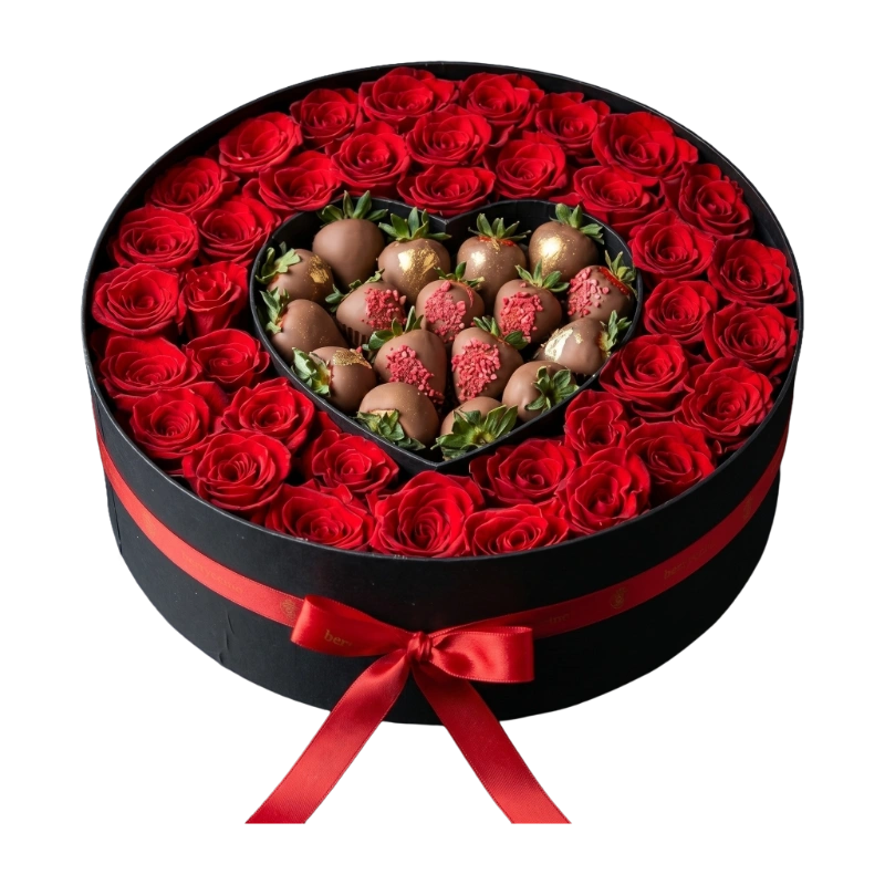Luxury Rose & Chocolate Strawberry Gift Box featuring premium red roses surrounding heart-shaped chocolate-covered strawberries inside a luxury black keepsake gift box by Gifts & Co.