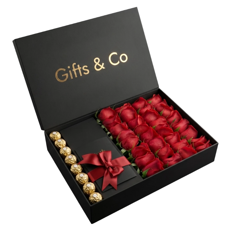 The Noir Prestige Gift Box featuring premium red roses, Ferrero Rocher chocolates, a luxury wrapped gift compartment, and a premium black magnetic keepsake box by Gifts & Co.