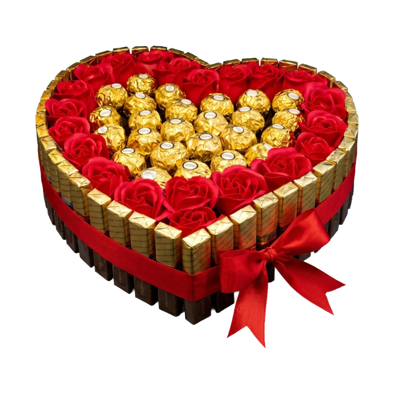 Royal Heart Chocolate Box featuring Ferrero Rocher chocolates, premium chocolate bars, decorative red roses, and a luxury heart-shaped keepsake gift box by Gifts & Co.