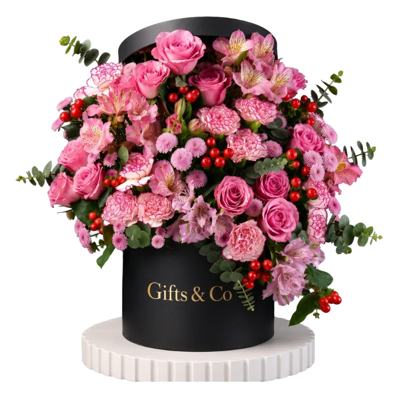 Premium Pink Flower Box featuring fresh pink roses, carnations, alstroemeria, button chrysanthemums, seasonal berries, and eucalyptus in a signature black Gifts & Co flower box.