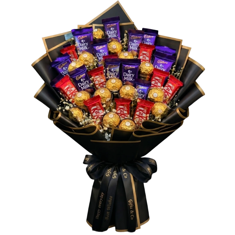The Prestige Chocolate Bouquet featuring Ferrero Rocher, Cadbury Dairy Milk, KitKat chocolates, baby's breath, and luxury black and gold wrapping by Gifts & Co.