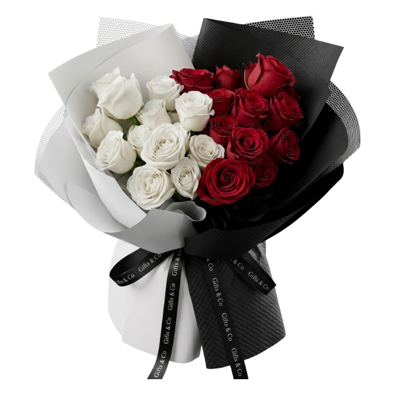 Luxury Red & White Rose Bouquet handcrafted with premium fresh red and white roses, wrapped in elegant black and white premium wrapping with a signature Gifts & Co ribbon.