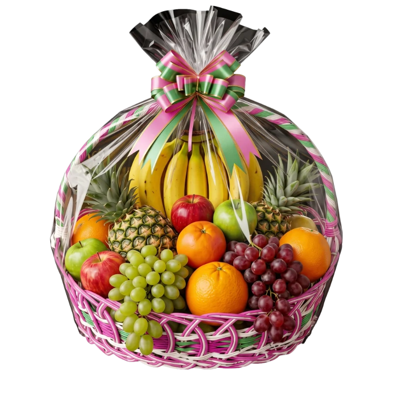 The Celebration Deluxe Fruit Hamper featuring premium seasonal fruit including pineapple, grapes, bananas, apples, oranges and fresh fruit beautifully wrapped in a reusable woven basket by Gifts & Co.