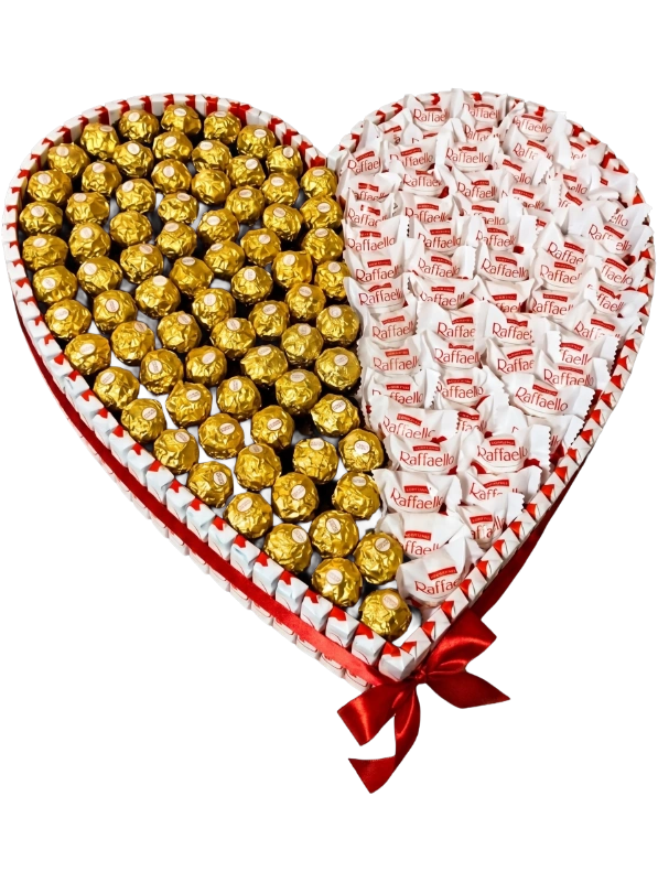 The Eternal Love Chocolate Heart featuring Ferrero Rocher and Raffaello chocolates arranged in a luxury heart-shaped gift by Gifts & Co.