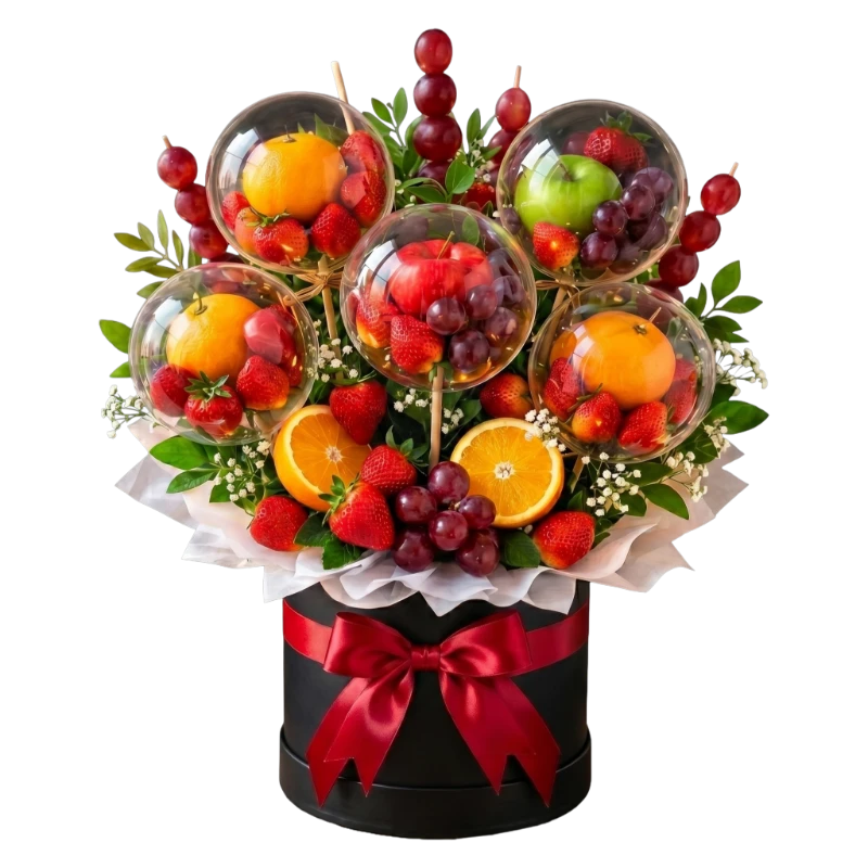 The Fruit Bloom Luxury Box featuring fresh fruit displayed inside transparent balloons with strawberries, grapes, oranges, greenery, and a luxury black hat box by Gifts & Co.