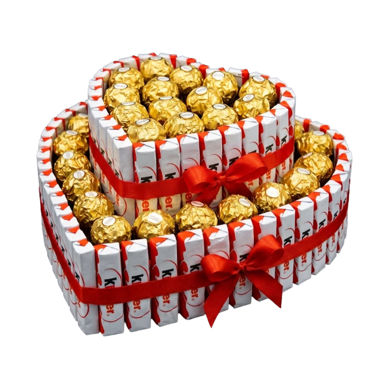 The Sweetheart Chocolate Duo featuring Ferrero Rocher chocolates and Kinder Chocolate bars arranged in elegant double heart-shaped keepsake gift boxes by Gifts & Co.