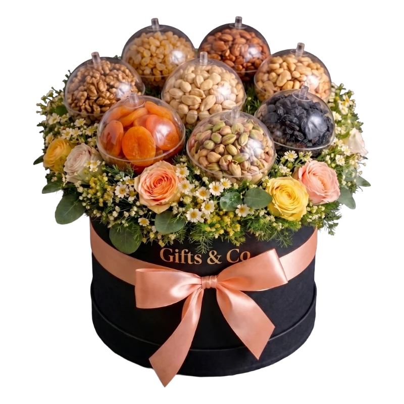 The Gourmet Nut & Dried Fruit Luxury Box featuring premium pistachios, almonds, cashews, walnuts, raisins, dried apricots, fresh roses and seasonal flowers in a luxury Gifts & Co hat box.