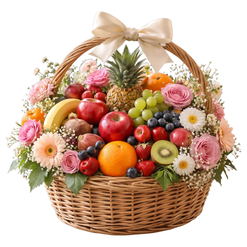 The Orchard Blossom Fruit Basket featuring premium seasonal fruit, fresh roses, gerberas, chrysanthemums, berries, grapes, pineapple and elegant flowers in a luxury wicker basket by Gifts & Co.