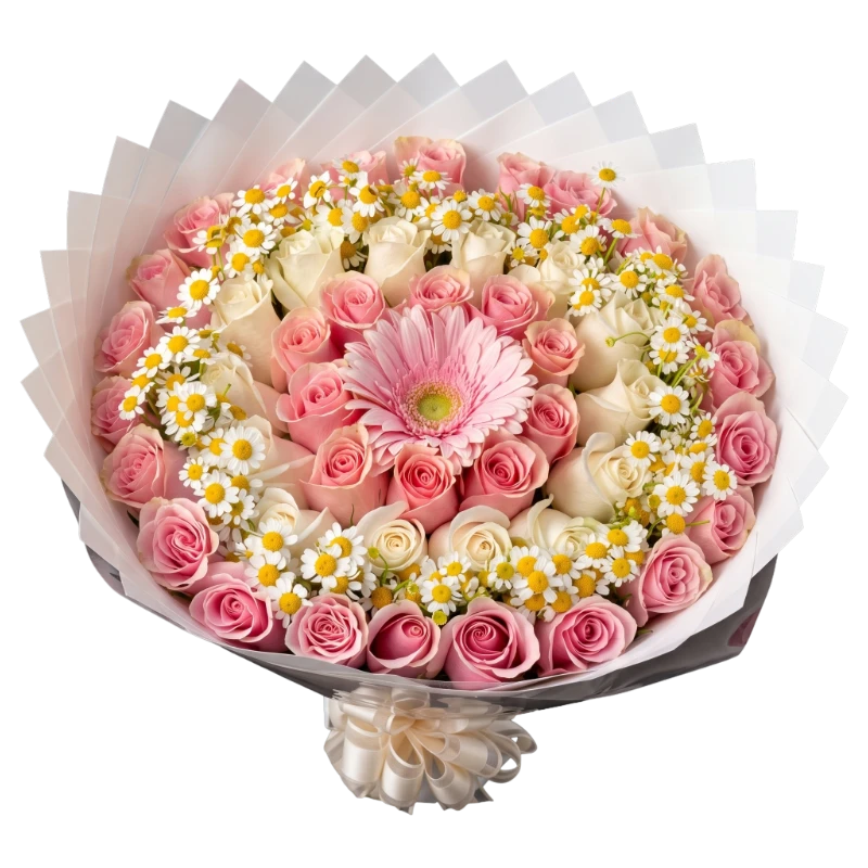 Luxury Pink & White Rose Bouquet handcrafted with premium pink roses, white roses, chamomile daisies and a pink gerbera, wrapped in elegant white premium floral wrapping by Gifts & Co.
