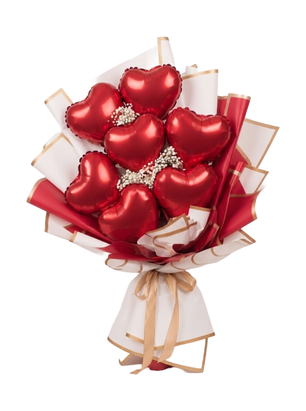 Red heart balloon bouquet with metallic heart balloons, baby's breath, red and white luxury wrapping and gold satin ribbon by Gifts & Co.