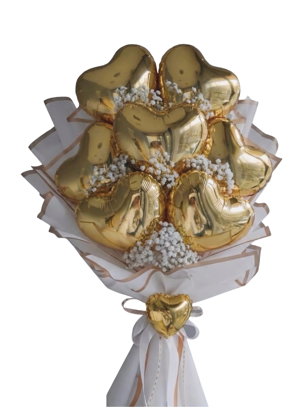 Golden Hearts Balloon Bouquet featuring metallic gold heart balloons, baby's breath and premium white and gold wrapping by Gifts & Co.