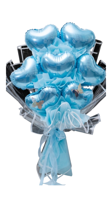 Blue Serenity heart balloon bouquet with metallic sky-blue heart balloons, layered blue wrapping and flowing ribbons by Gifts & Co.