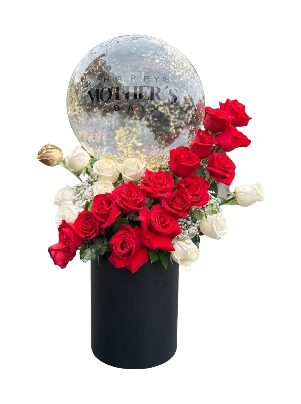 The Forever Hero Rose Balloon Box featuring premium red and white roses with a personalised Father's Day gold confetti balloon in a luxury black hat box by Gifts & Co.