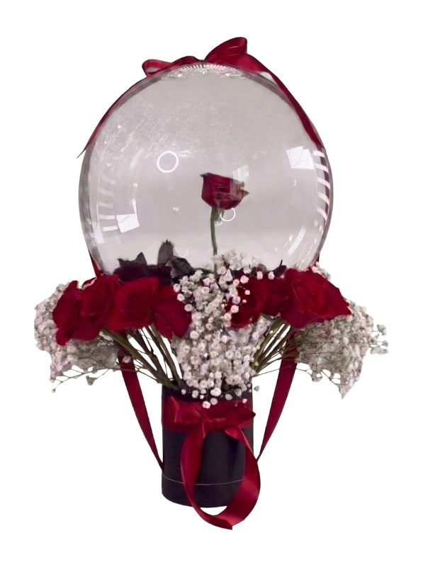The Enchanted Rose Balloon Box featuring premium red roses, baby's breath, preserved foliage and a suspended rose inside a transparent bubble balloon presented in a luxury black hat box by Gifts & Co.