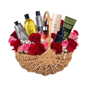 Sample customisable Body Care Gift Hamper for Him featuring premium men's grooming, body care and fragrance products arranged in a luxury Gifts & Co basket.