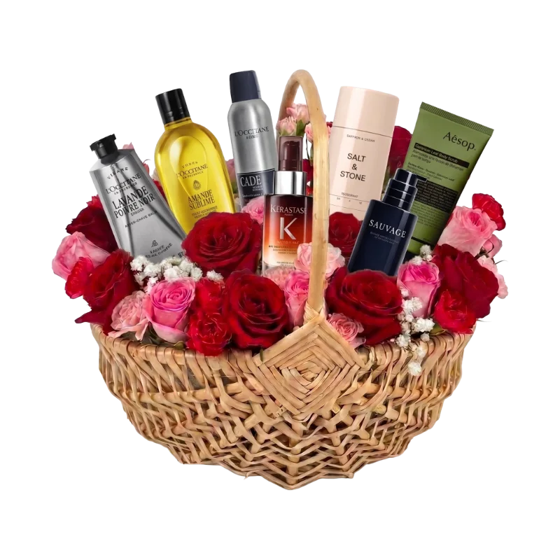 Sample customisable Body Care Gift Hamper for Him featuring premium men's grooming, body care and fragrance products arranged in a luxury Gifts & Co basket.
