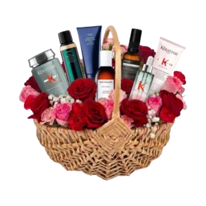 Sample customisable Hair Care Gift Hamper for Him featuring premium shampoo, styling and hair treatment products arranged with floral accents in a luxury Gifts & Co basket.