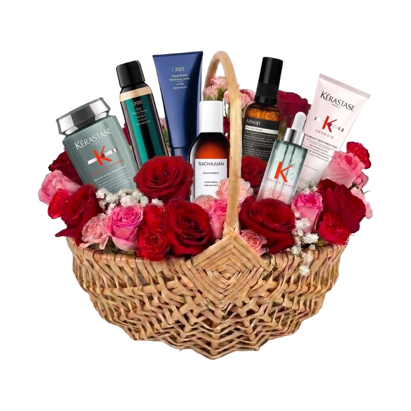 Sample customisable Hair Care Gift Hamper for Him featuring premium shampoo, styling and hair treatment products arranged with floral accents in a luxury Gifts & Co basket.