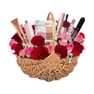 Sample customisable Makeup Gift Hamper for Her featuring premium makeup products, blush, mascara, lip products and a beauty palette arranged with pink and red flowers in a luxury Gifts & Co basket.